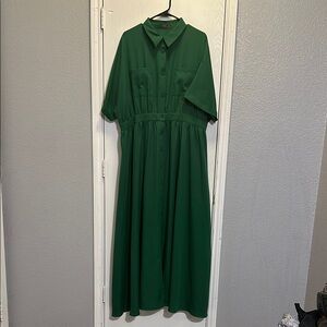 Green Flutter Sleeve Midi Dress with Dress Shirt Collar